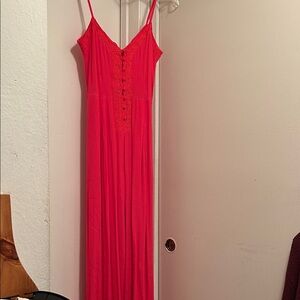 Free People Vibrant Coral Maxi Dress with Lace Accents